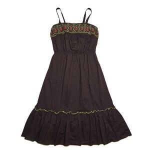 Mossimo Dress Boho Cottagecore Womens S Brown Embroidered Cotton Midi Sun Dress